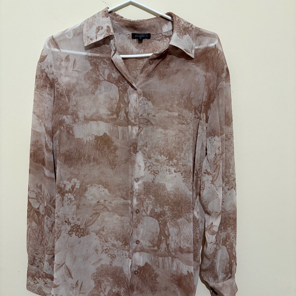 Dynamite Floral Print Collared Chiffon Button Up Shirt